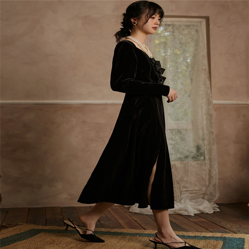 Black Velvet Retro Vintage Dress With Slits CJdropshipping