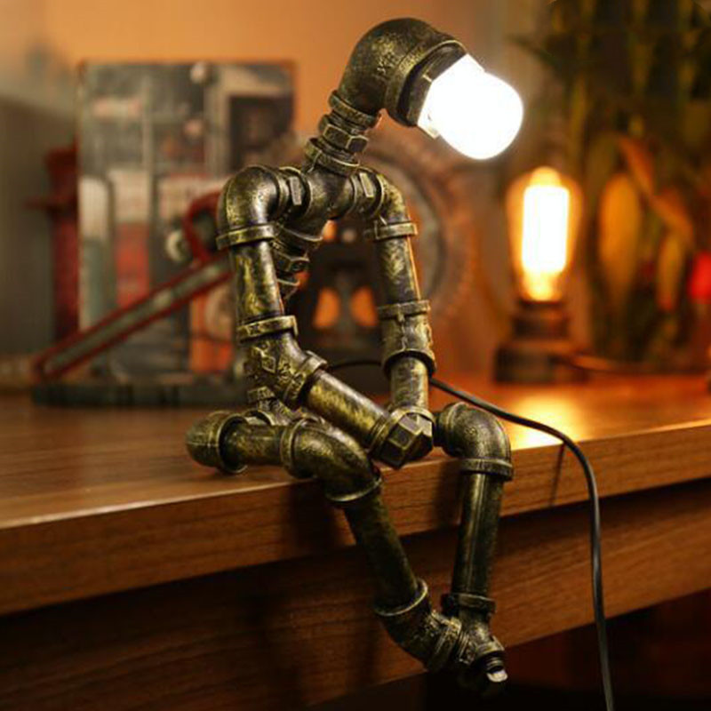 Robot Table Lamp Vintage Loft Iron Pipe Desk Lamp Industrial Led Table