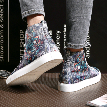 Men's autumn and winter trend shoes men's pull back printed casual shoes street hip hop high-top soft canvas shoes—8