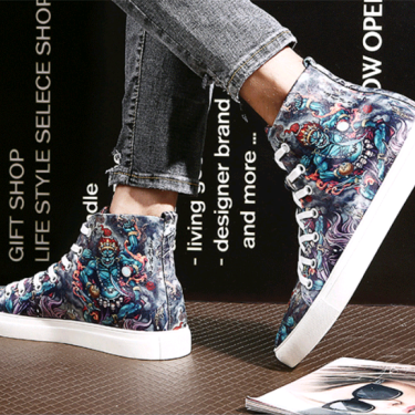 Men's autumn and winter trend shoes men's pull back printed casual shoes street hip hop high-top soft canvas shoes—12