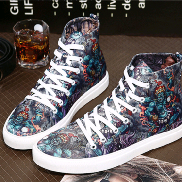 Men's autumn and winter trend shoes men's pull back printed casual shoes street hip hop high-top soft canvas shoes—9
