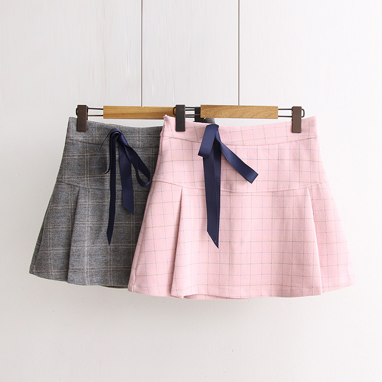 College wind bow plaid woolen skirt female A word skirt student skirt ...