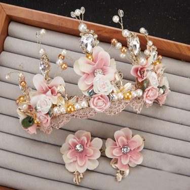 Sweet Pink Bride Handmade Beaded Lace Tiara Corone Crown Ceramic Flower Hair Headdress—1