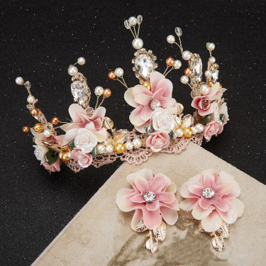 Sweet Pink Bride Handmade Beaded Lace Tiara Corone Crown Ceramic Flower Hair Headdress—3