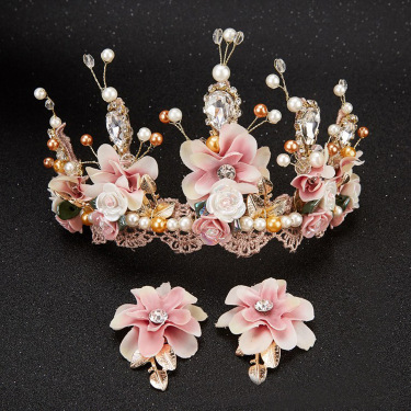 Sweet Pink Bride Handmade Beaded Lace Tiara Corone Crown Ceramic Flower Hair Headdress—4