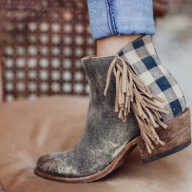 Fringed plaid chunky heel ankle boots—1