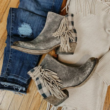 Fringed plaid chunky heel ankle boots—2