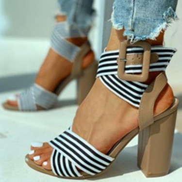 Fashion Super High Heel Striped Belt Buckle Hollow Sandals—1