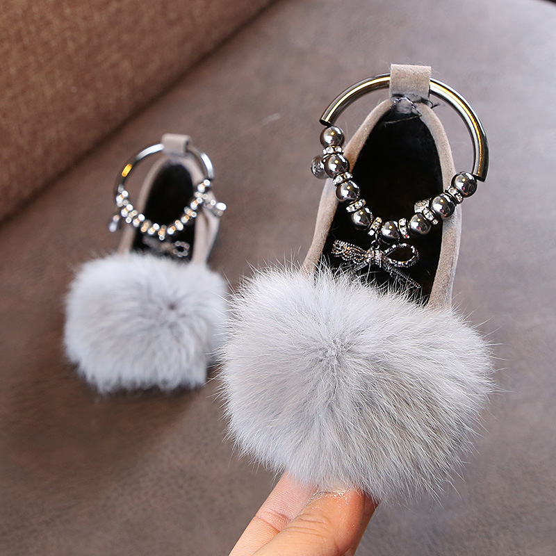 Color: Grey, Size: 30 - Girls' Princess Shoes With Flat Bow And Fur