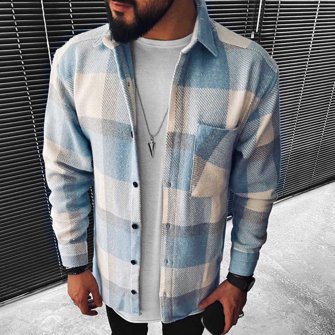 Men's Warm Lapel Check Pocket Long Sleeve Winter Shirt - CJdropshipping