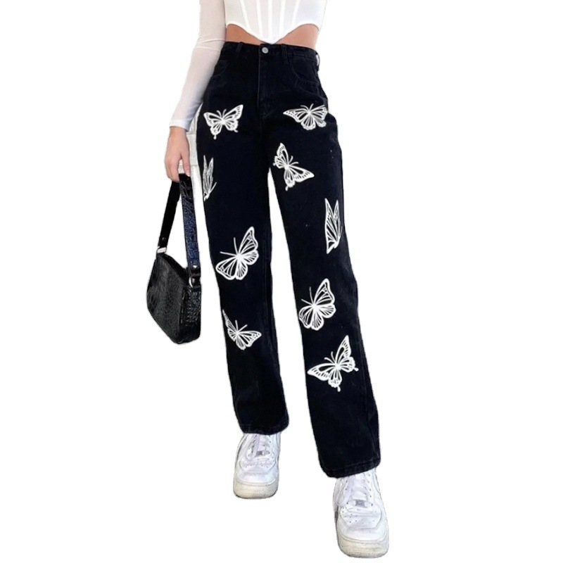 Women's New Fashion Butterfly Print High-Waisted Straight-Leg Jeans ...