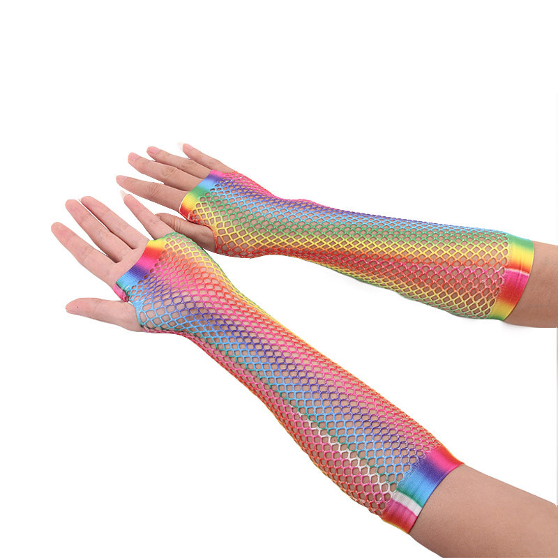 Rainbow Color Sexy Halffinger Long Net Gloves CJdropshipping