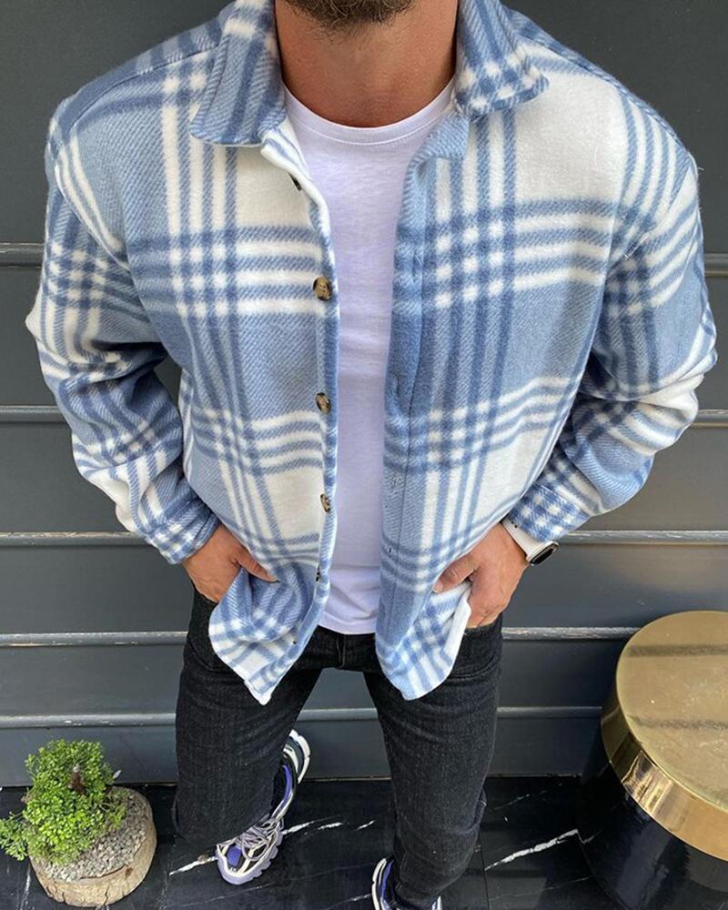 Men Lapel Collar Button Up Plaid Print Thermal Shirt Jacket