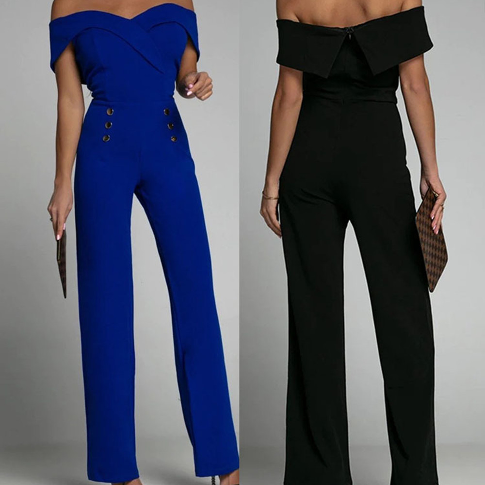 Off Shoulder Sweetheart Collar Front Button Pattern Jumpsuit