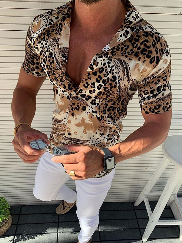 New Leopard Print Sexy Men's Suit Collar Short Sleeve Shirt ...