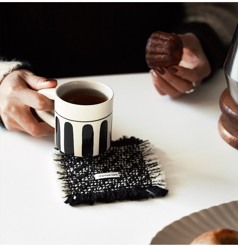 French tassel handmade woven houndstooth checker style coaster, by A Bit Sleepy homeware concept store