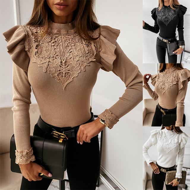 27fc85a7 7dbd 437b 911c caa663d3a1ce - New Lace Long-Sleeved Solid Color Bottoming Shirt