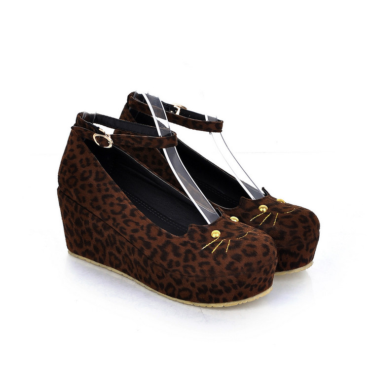 Cat Head Leopard Print Wedge Single Shoes Women Platform Platform Shoes
