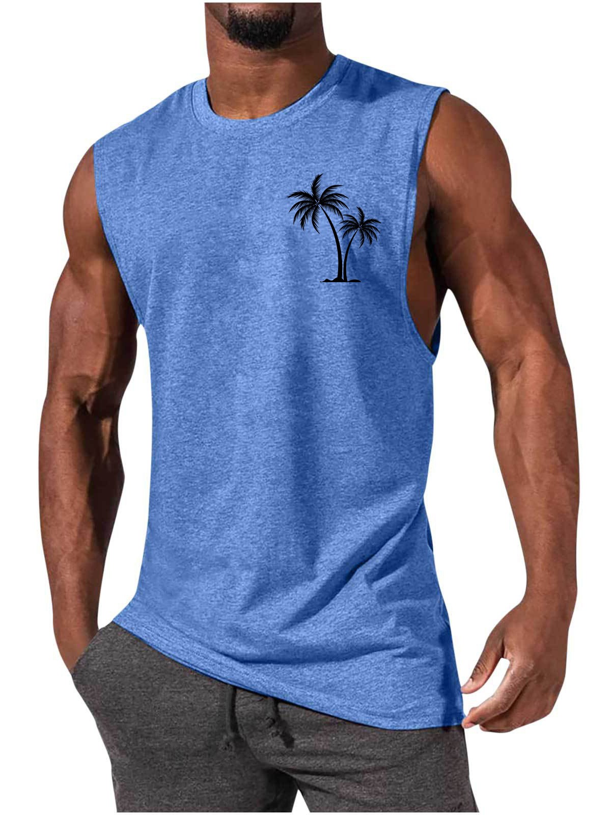 Men Tank Top Workout Muscle Sports Beach Vacation With Palm Tree Embroidery - Picture 4 of 15