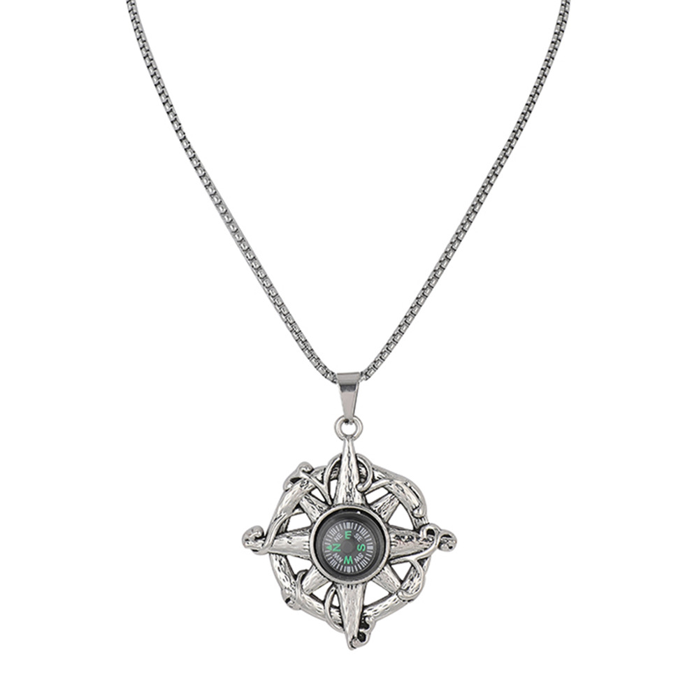 Vintage Compass Round Brand Pendant Stainless Steel Chain Necklace