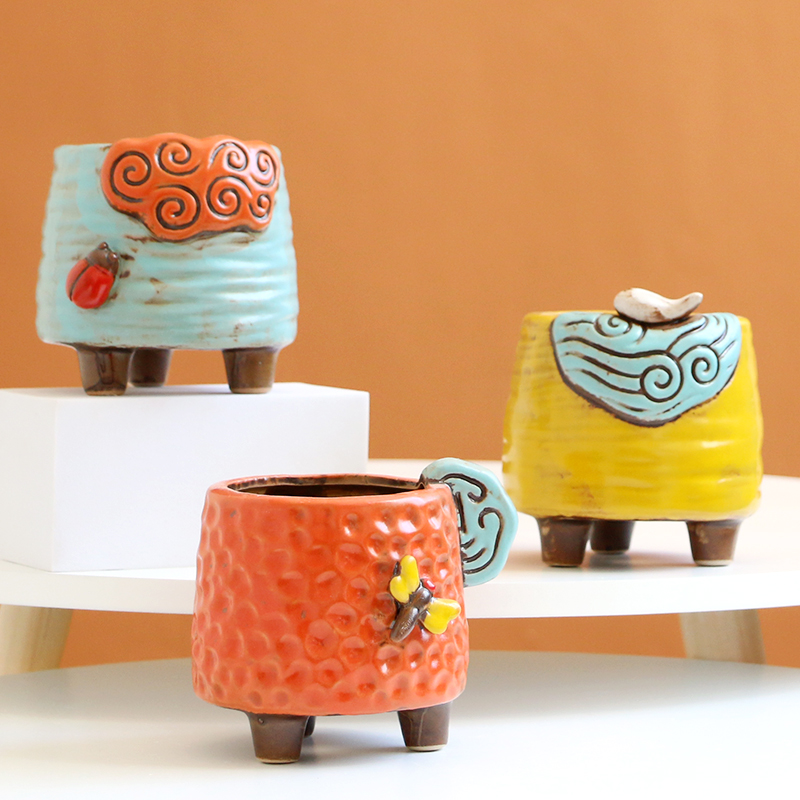 Small Ceramic Stoneware Relief Hand-painted Succulent Pot