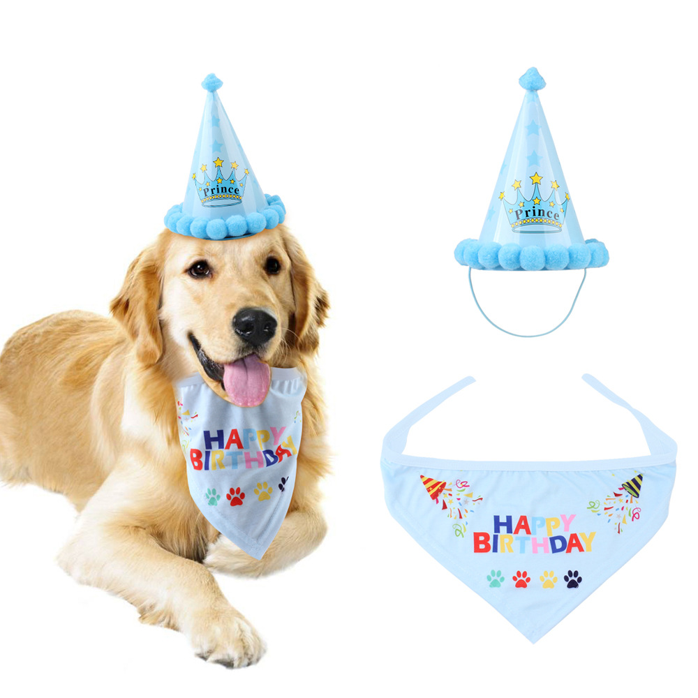 Help celebrate your dog's special day, with this birthday party hat and bandana set. Birthday party hats and bandanas for dogs are popular accessories that add fun and flair to a pet's birthday celebration. The hat and bandana are designed to fit comfortably on your dog are made of durable, lightweight materials.