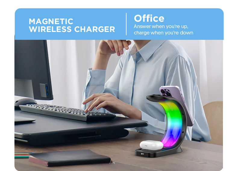 4 In 1 Magnetic Wireless Charger Fast Charging For Smart Phone Atmosphere Light Charging Station For Airpods Pro I-phone Watch