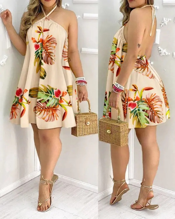 Printed Dress Summer Off-Shoulder Hanging Neck Sleeveless Sexy Dresses Women