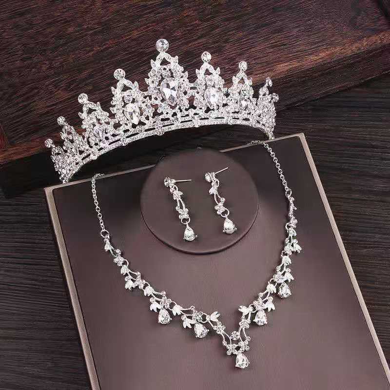 White Bridal Rhinestone Crown Necklace Set