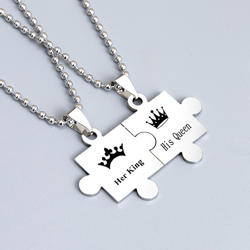 38130543 4eb0 446f 837f 540c1966e2a8 - Black Silver Stainless Steel Crown Her King His Queen Jigsaw Puzzle Pendant Couple Necklace