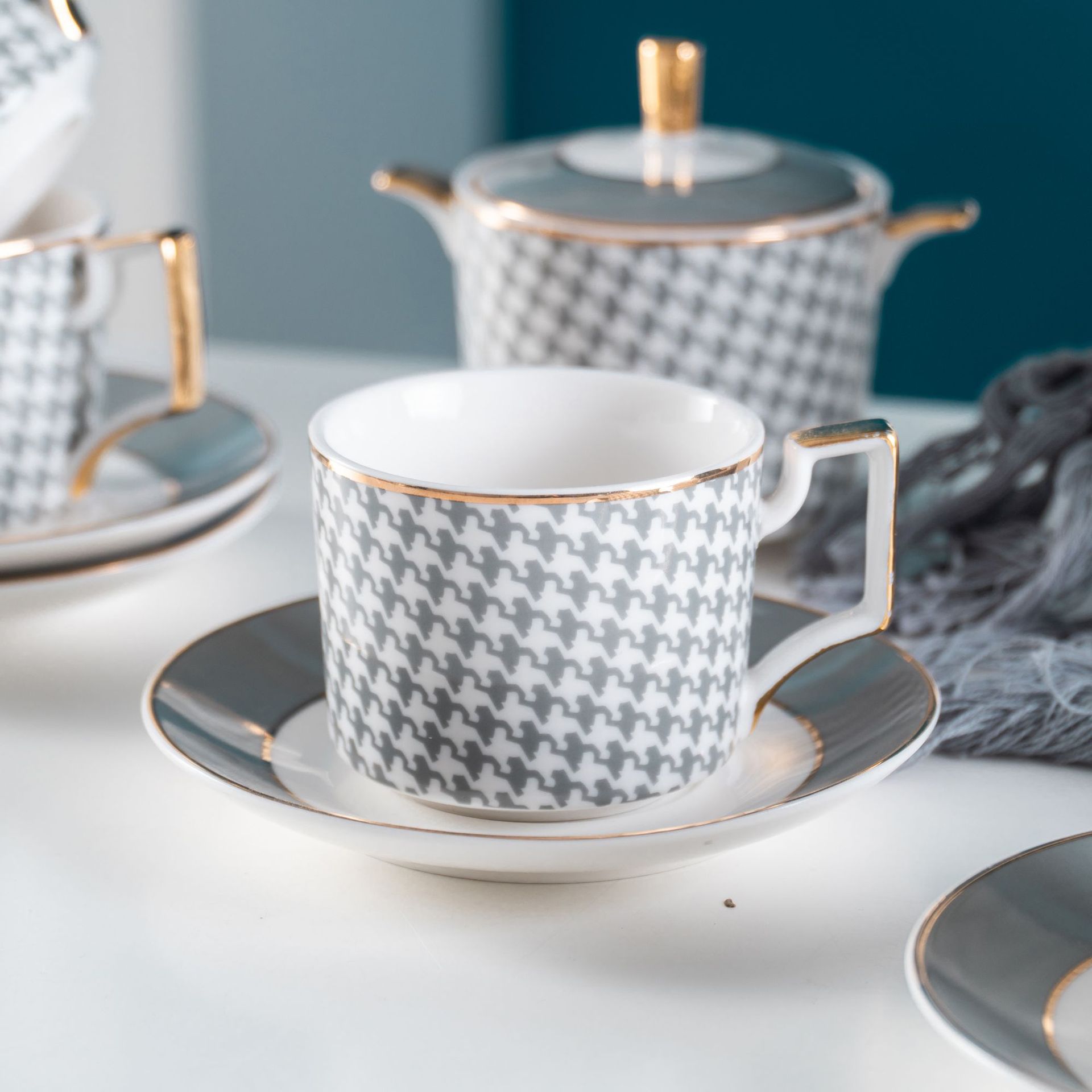 Nordic Ceramic Coffee Pot Set Houndstooth With Gold CJdropshipping