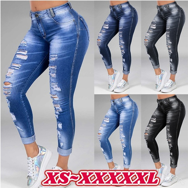 Ladies jeans ripped holes show thin stretch jeans