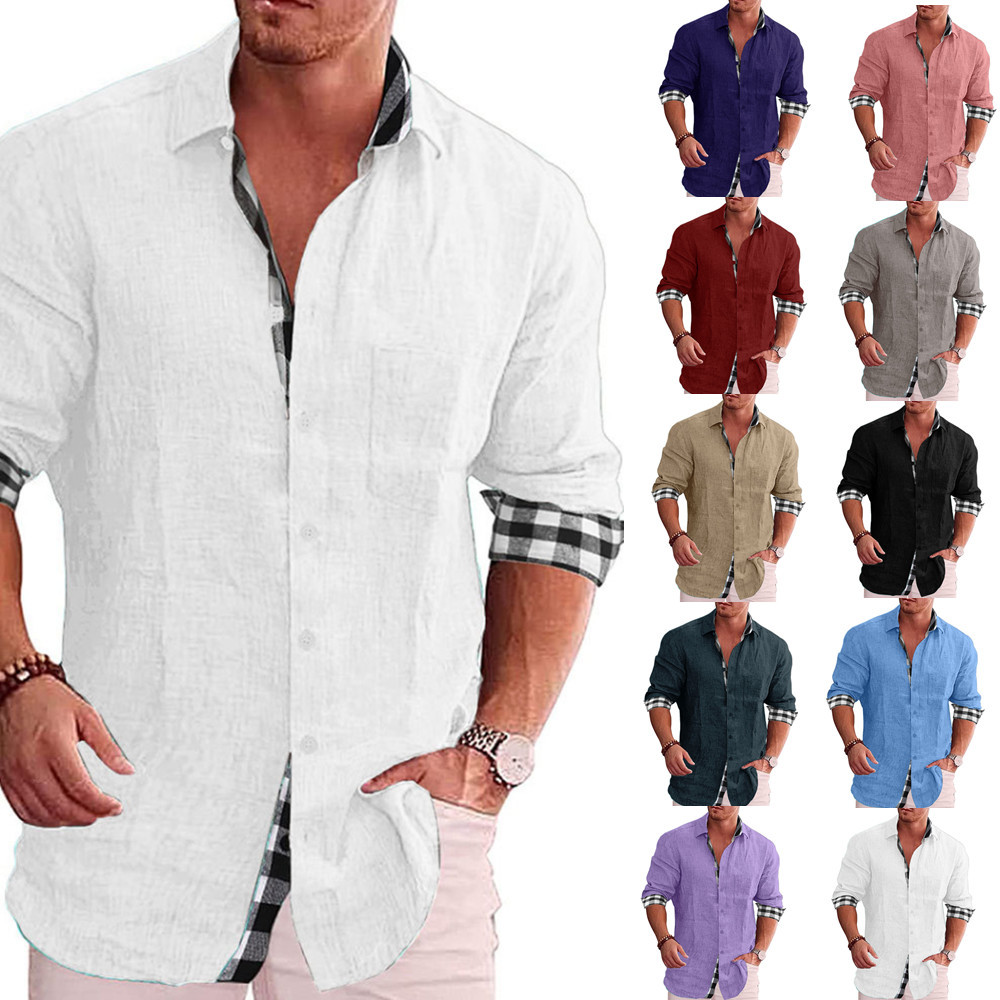 Men Lapel Collar Contrast Plaid Border Solid Button Up Shirt