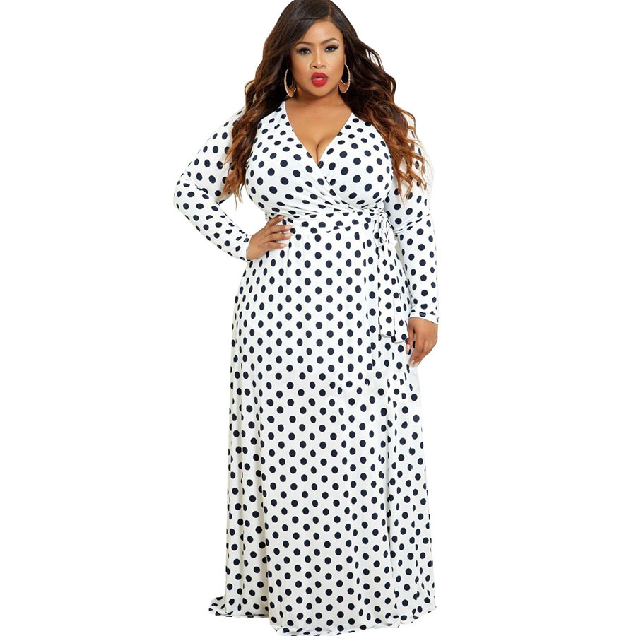 Plus Size Plunging Neck Polka Dot Print Belted Maxi Dress
