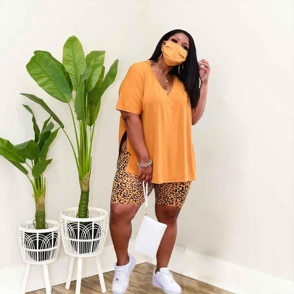 Casual Split T-shirt with Print Shorts Yellow