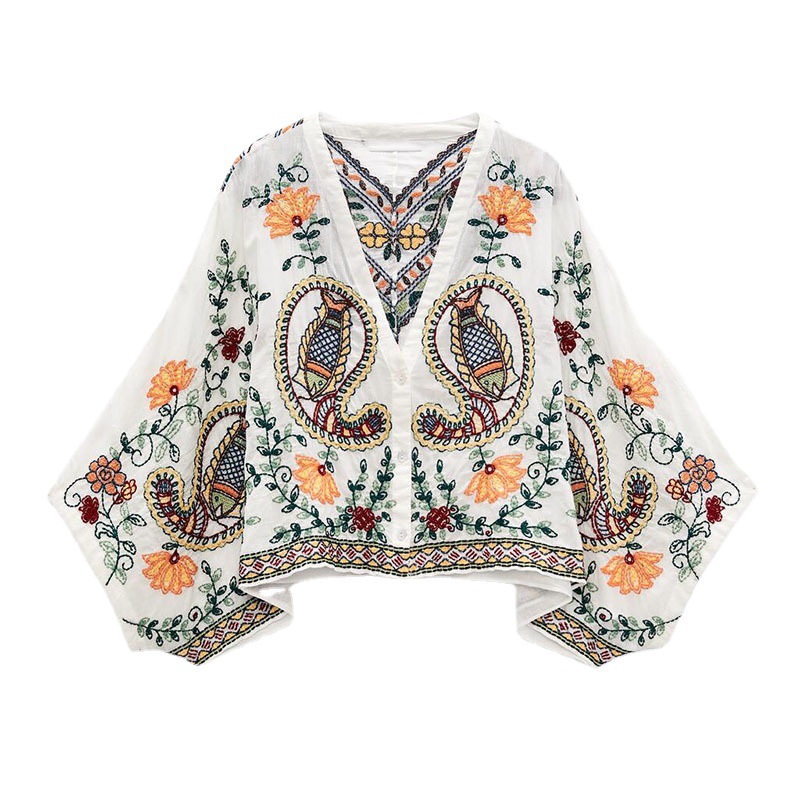 Ethnic Style V-neck Embroidered Cotton Shirt - CJdropshipping