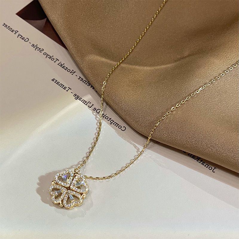 41e223ea bda7 4011 b392 a0eeac6abf8c - Retro Magnetic Folding Heart Shaped Four Leaf Clover Pendant Necklace Women Love Clavicle Chain Gifts Openable Choker Jewelry