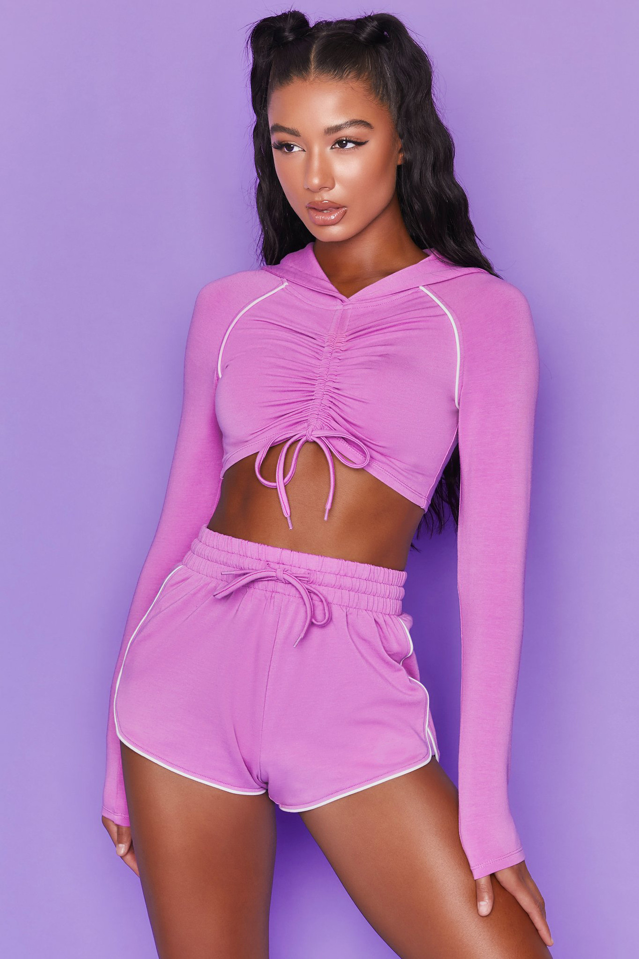 Front Ruched Crop Hoodie & Drawstring Shorts