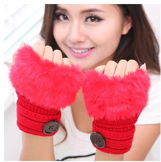 Faux rabbit fur warm fingerless wool winter knitted gloves women