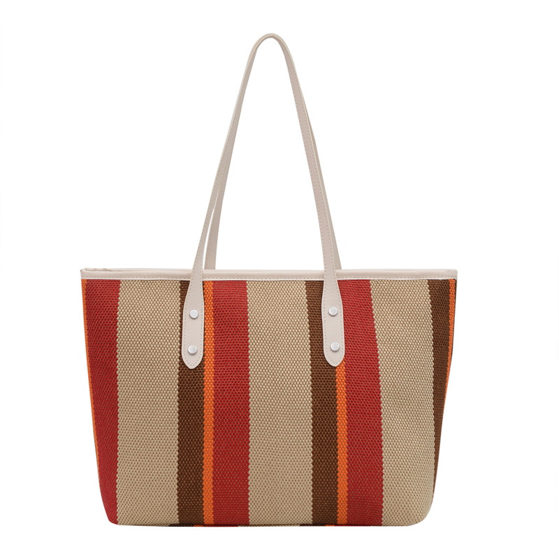 45257cec 4b04 4fdf bcfa a6fa763f9982 - Fabric Stitching Vertical Stripes Hit Color Tote Bag Shoulder Bag