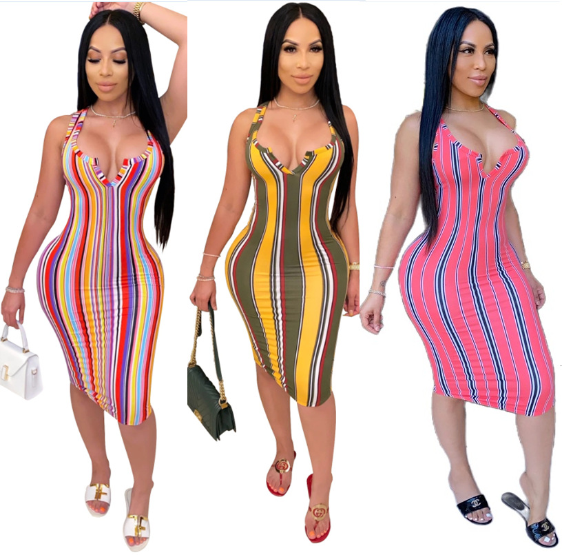 Beautiful Women's Striped Print Tight Dress - CJdropshipping