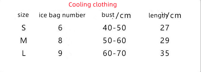 Size Chart: Cooling Vest. Accompanied by informative text, illustrating the different sizes available.