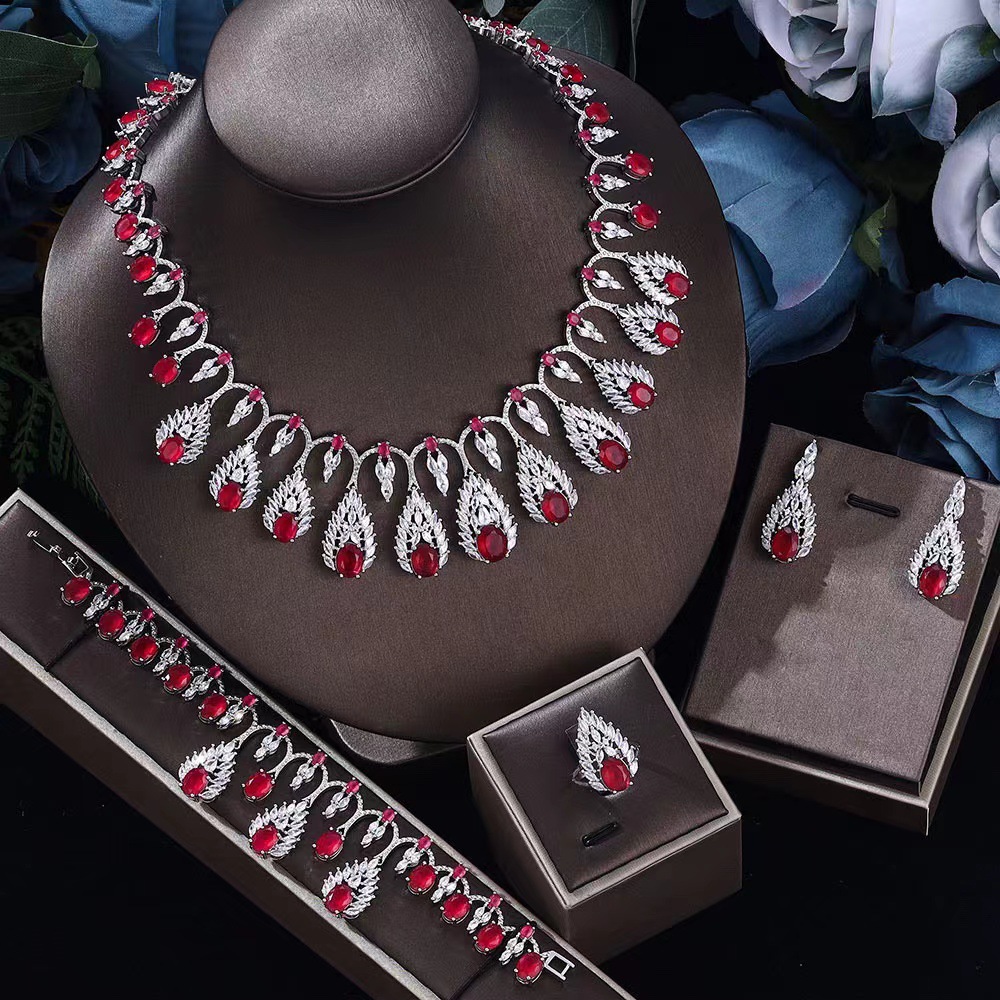 red sparkling zircon bridal jewelry set necklace