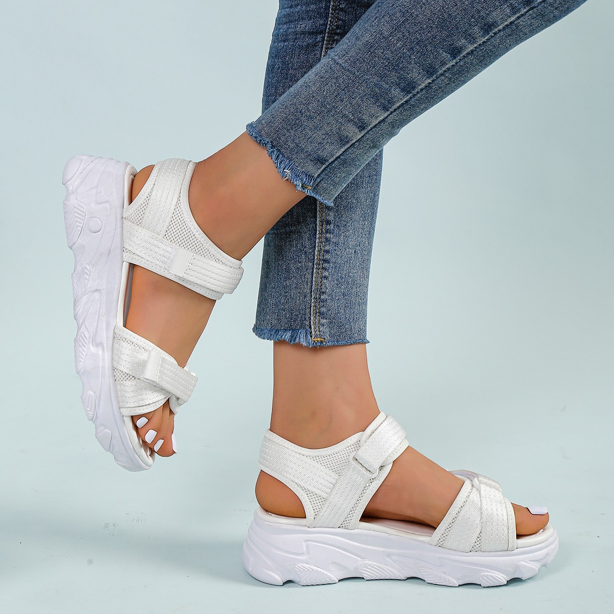 Platform open toe 2024 velcro color block sandals