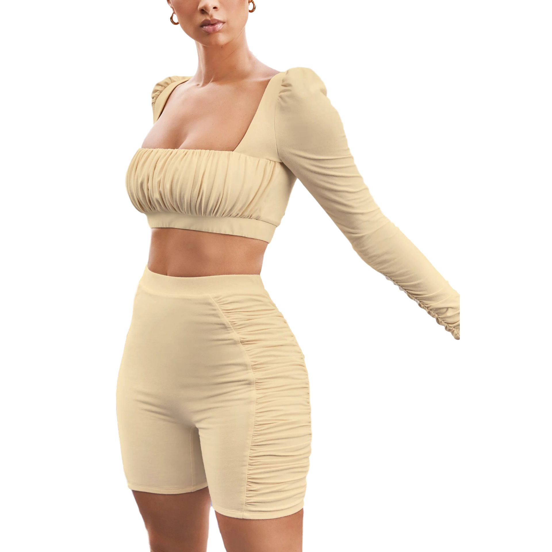 Square Neck Pleated Crop Top & Shorts Set