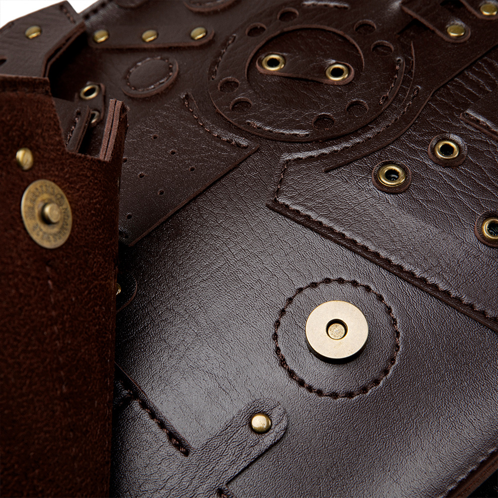 Steampunk backpack with brass gears and clockworks.