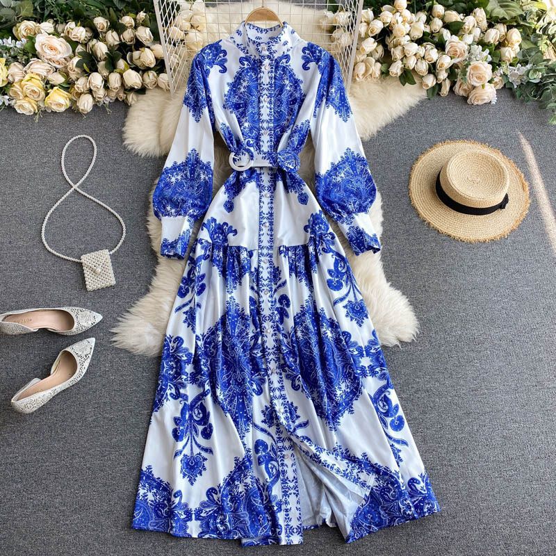 Vintage Blue And White Porcelain Print Quality Standing Collar Slim ...