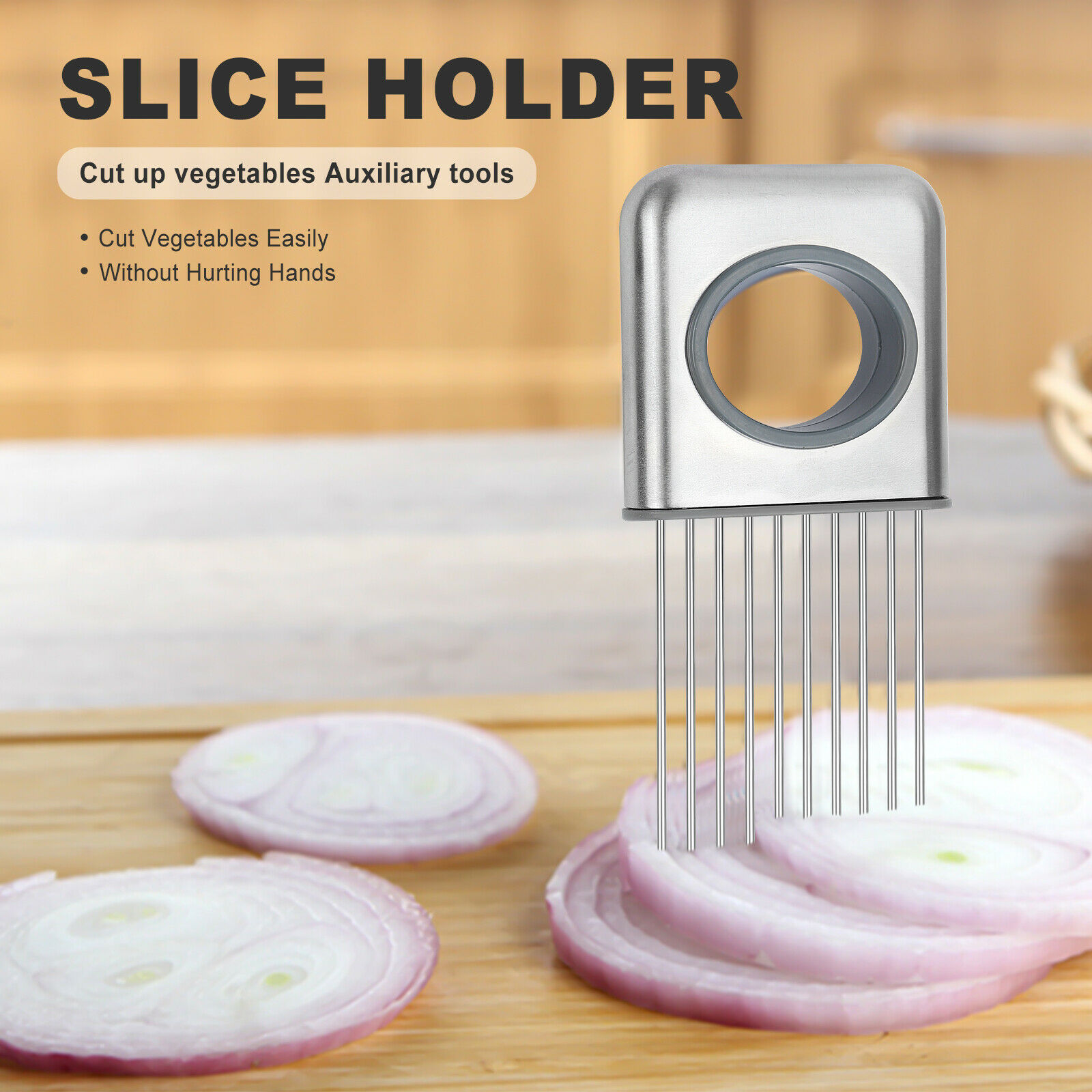 Food Slice Assistant - Stainless Steel Onion Holder Slicer Tomato Cutter  NonSlip, 1 Pack - Foods Co.