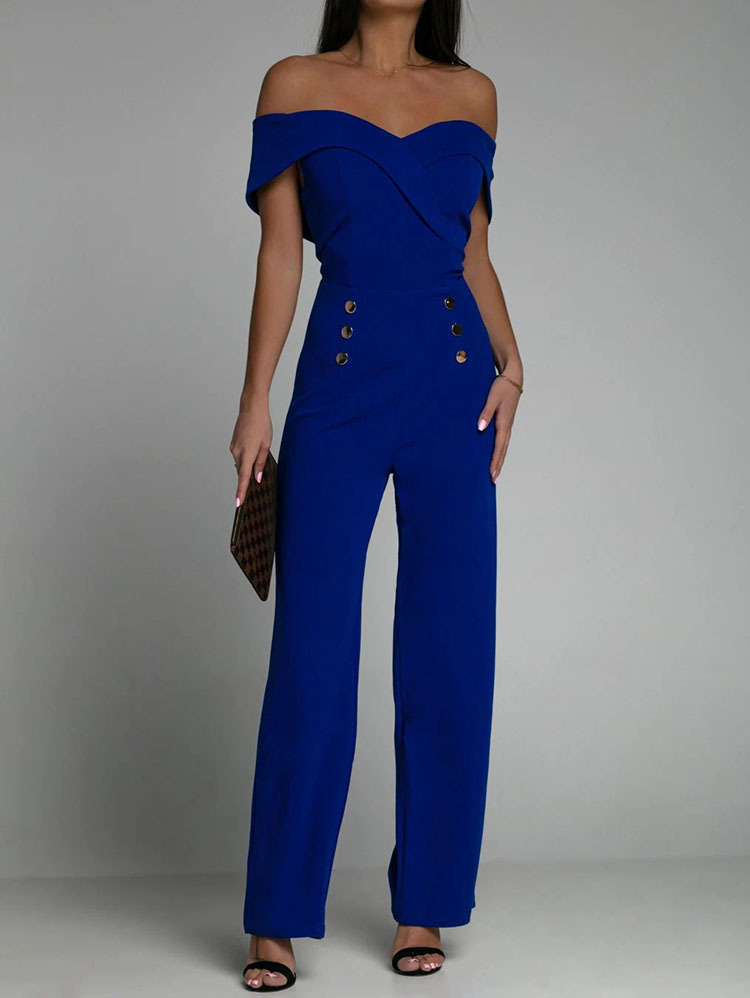 Off Shoulder Sweetheart Collar Front Button Pattern Jumpsuit