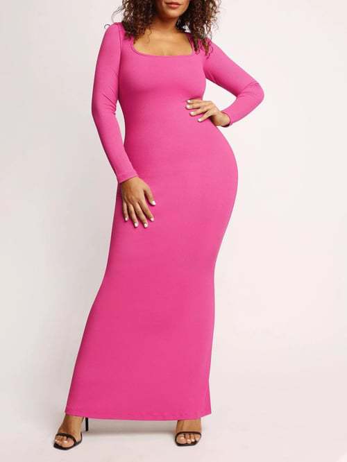 Effortless Elegance" Round Neck Slim-Fitting Long Sleeve Dress - Classic Style, Timeless Grace